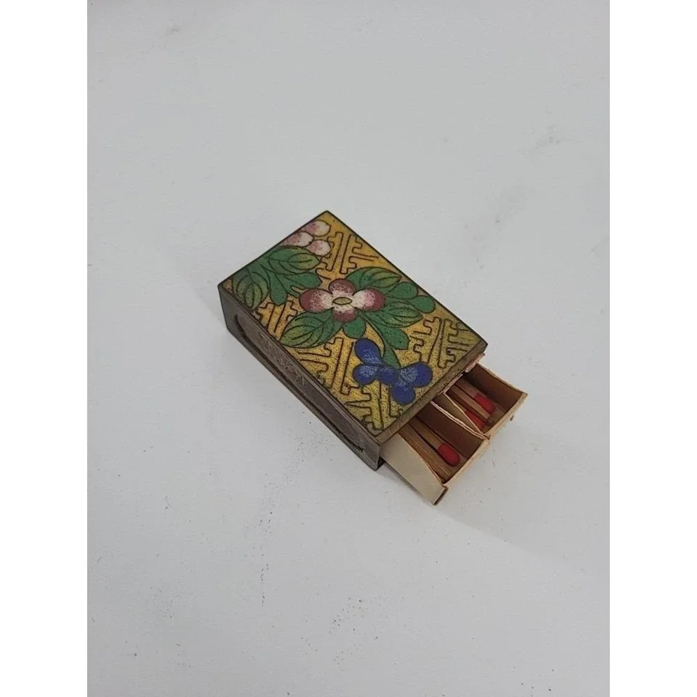 Antique Chinese Cloisonne‎ Enamel Matchbox Holder Floral Brass